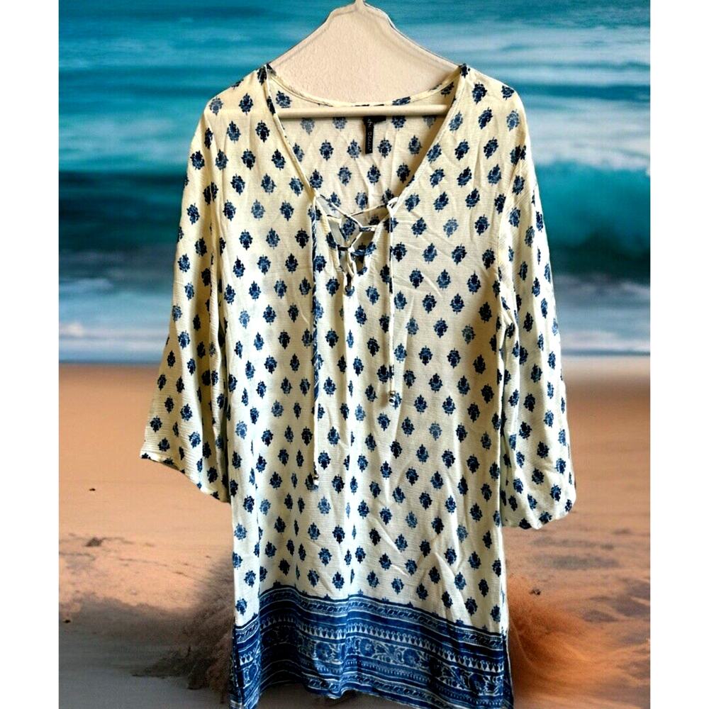boho Coverup Dress Pullover blue retro Fairy Resort Wear Size L Pacific Beach
